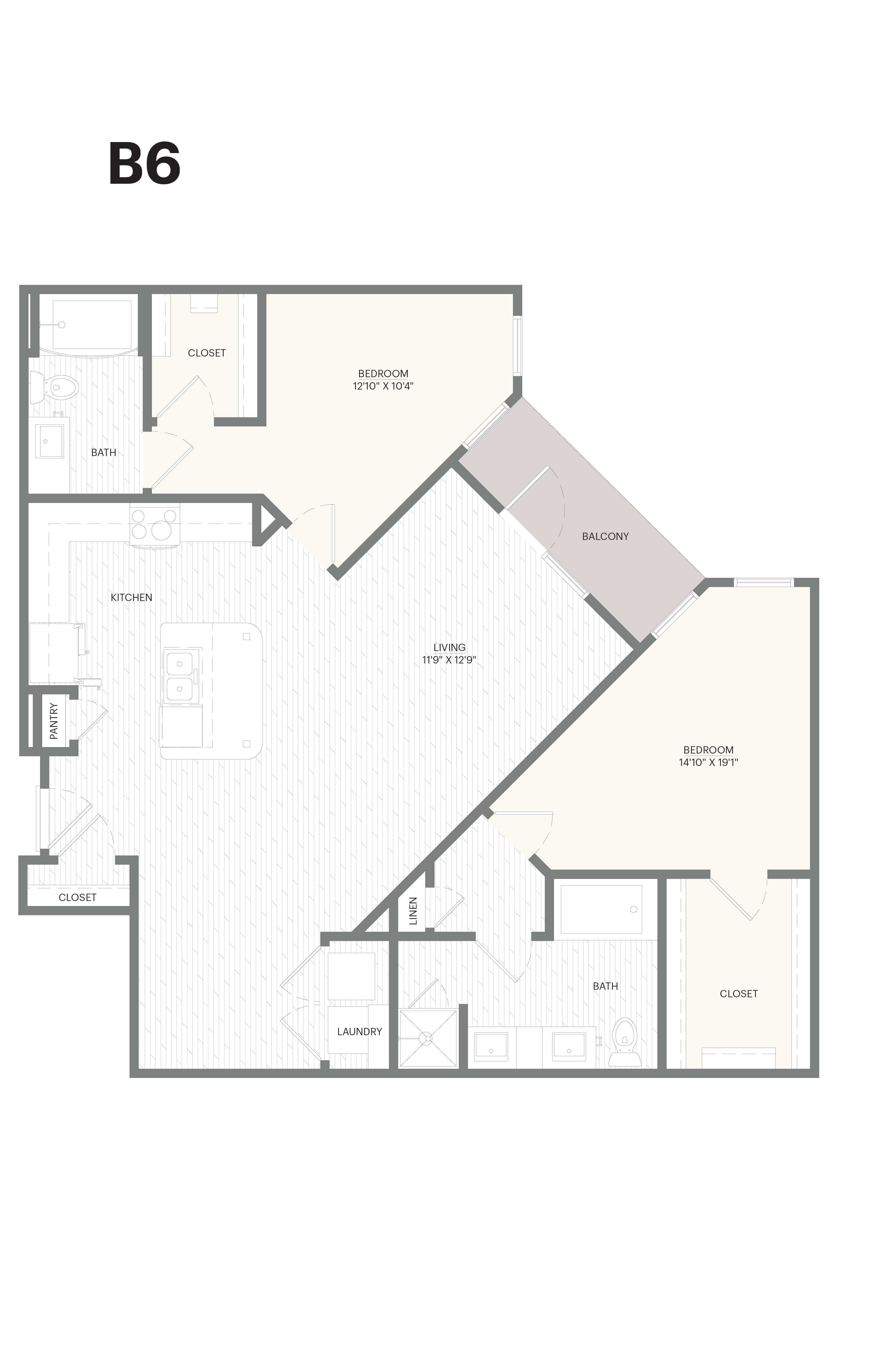 Floor plan for 2 beds, 2 baths, 1280 sqft